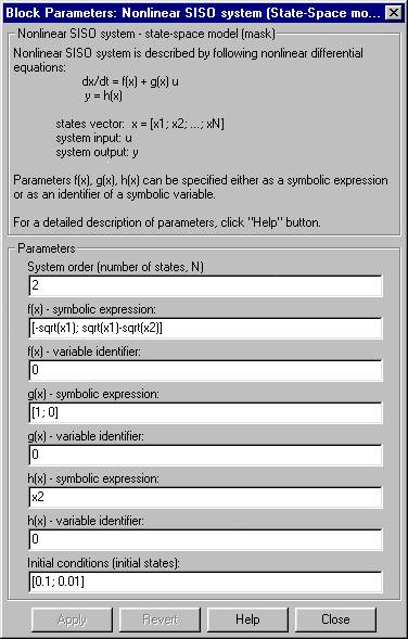 Dialog box for block parameters setup