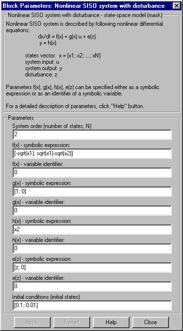 Dialog box for block parameters setup